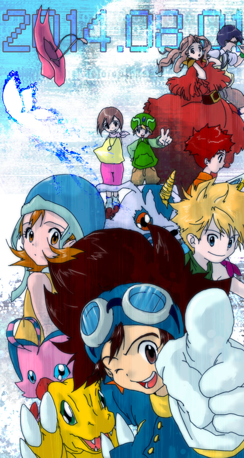 3girls 5boys agumon digimon digimon_adventure gabumon glasses highres ishida_yamato izumi_koshiro kido_jo multiple_boys multiple_girls piyomon tachikawa_mimi takaishi_takeru takenouchi_sora yagami_hikari yagami_taichi