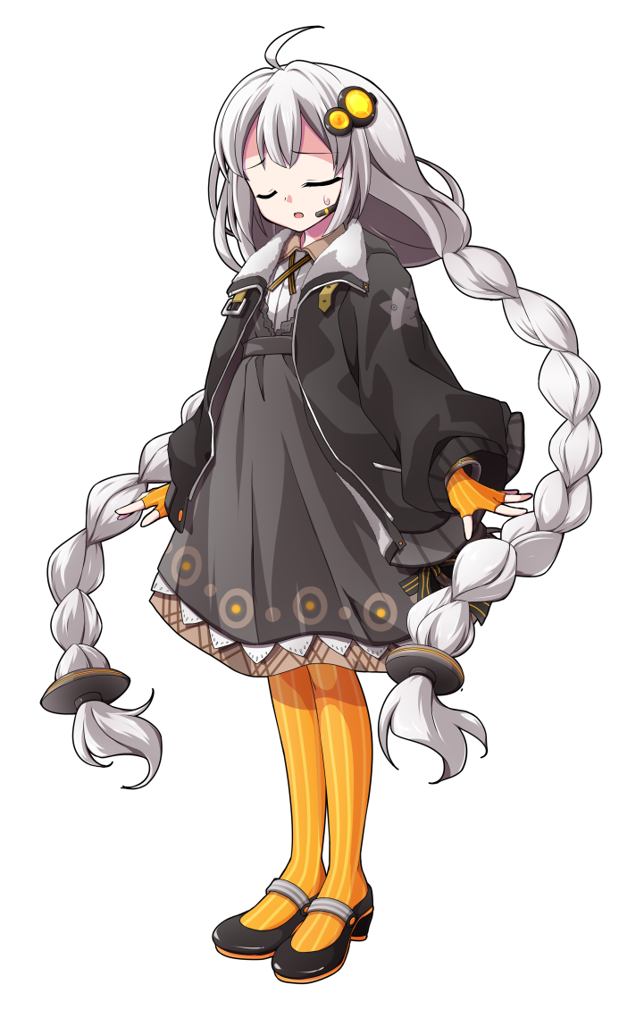 1girl ahoge arms_at_sides black_jacket black_shoes braid bright_pupils closed_eyes closed_mouth collared_dress commentary_request dairi dress fingerless_gloves flat_chest full_body furrowed_brow gloves grey_dress hair_between_eyes hair_intakes hair_ornament high_heels jacket kizuna_akari large_variant_set long_hair long_sleeves mary_janes microphone open_clothes open_jacket open_mouth orange_gloves orange_pantyhose pantyhose pink_pupils shoes solo standing star_(symbol) star_print striped_clothes striped_gloves striped_pantyhose sweatdrop tachi-e transparent_background twin_braids variant_set vertical-striped_clothes vertical-striped_gloves vertical-striped_pantyhose very_long_hair vocaloid voiceroid white_hair