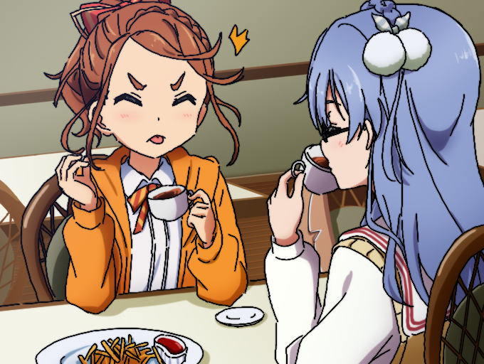 22/7 2girls ^^^ black-framed_eyewear blue_hair bow bowtie braid brown_eyes brown_hair brown_vest closed_mouth cup diagonal-striped_bow diagonal-striped_bowtie diagonal-striped_clothes drinking elbows_on_table food french_fries hair_bow hair_ornament hair_ribbon high_ponytail holding holding_cup hood hood_down hoodie igashiko indoors ketchup kono_miyako light_blue_hair long_hair long_sleeves maruyama_akane multiple_girls oekaki on_chair orange_hoodie pom_pom_(clothes) pom_pom_hair_ornament ponytail red_ribbon ribbon sailor_collar saucer school_uniform serafuku shirt single_braid sitting striped_clothes teacup tongue tongue_out upper_body vest white_sailor_collar white_shirt wooden_floor