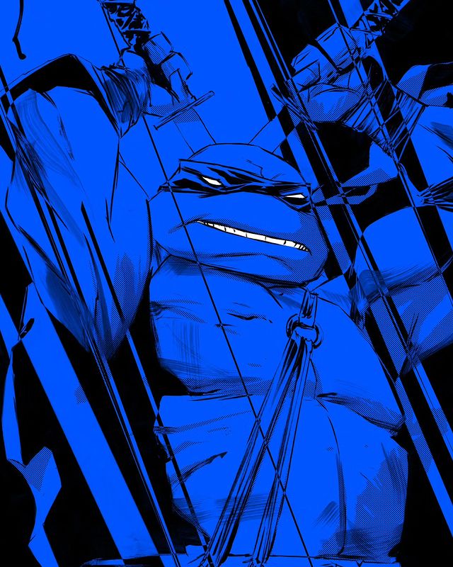 1boy bad_link blue_background duss005 holding holding_weapon katana leonardo_(tmnt) looking_at_viewer male_focus mask mouth_mask muscular muscular_male ninja ninja_mask simple_background solo sword teenage_mutant_ninja_turtles teeth turtle_boy upper_body weapon