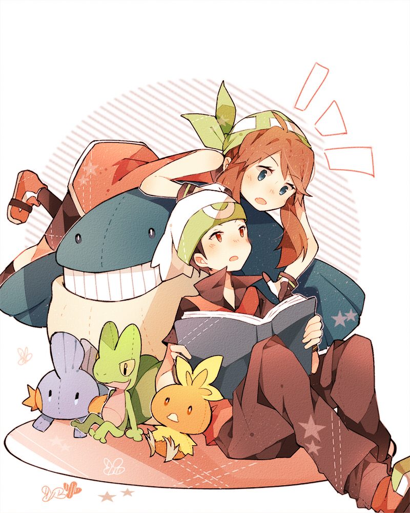 00s 1boy 1girl bandana bike_shorts black_hair blue_eyes book brendan_(pokemon) brendan_(pokemon_emerald) brown_hair doll fingerless_gloves fuuko_(2679566944) gen_3_pokemon gloves hat may_(pokemon) may_(pokemon_emerald) mudkip nintendo open_book open_mouth pokemon pokemon_(creature) pokemon_rse reading red_eyes shirt shoes short_hair short_sleeves sleeveless star_(symbol) starter_pokemon_trio torchic treecko two_side_up wailmer