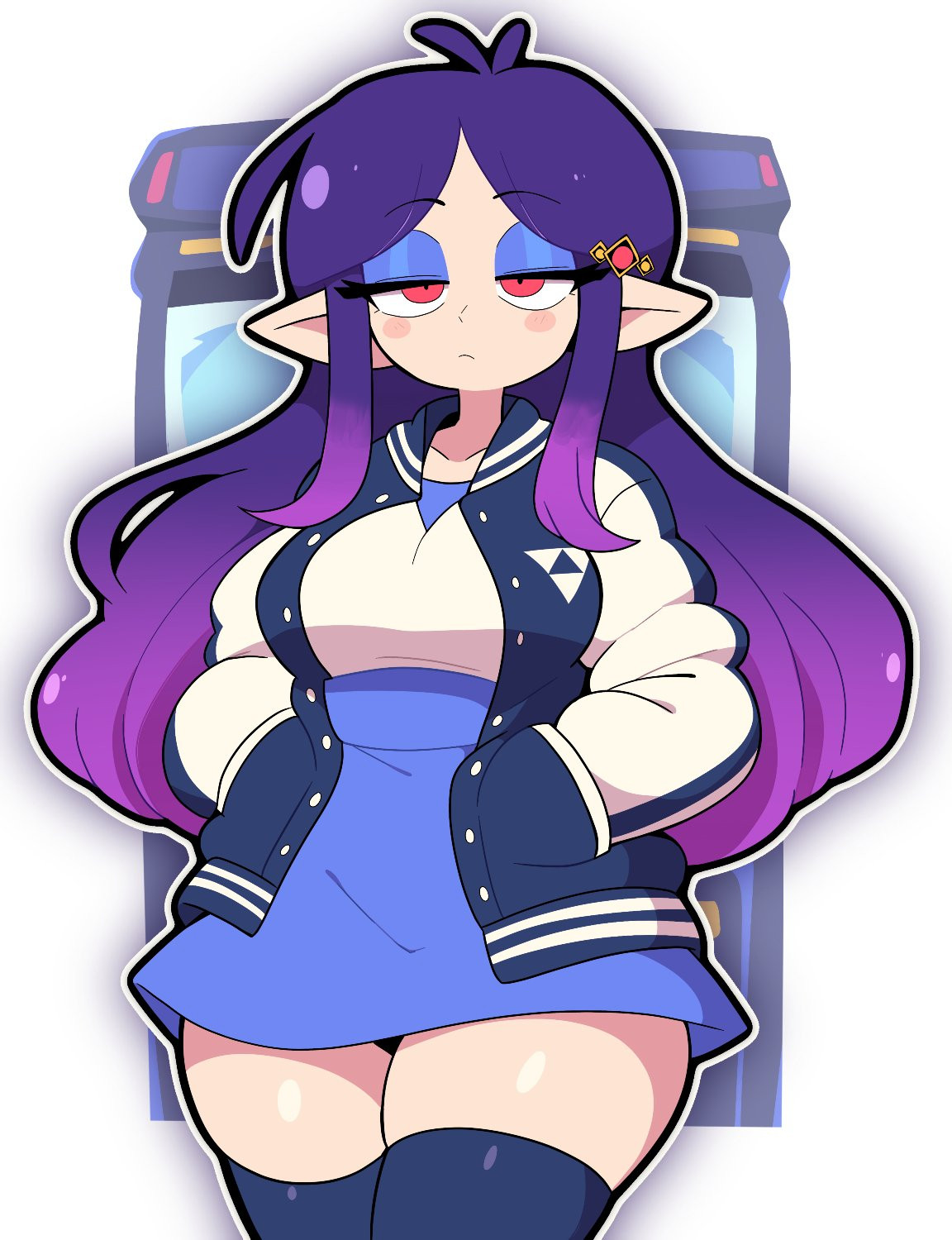 1girl alternate_costume black_thighhighs blue_eyeshadow blue_skirt casual cowboy_shot curvy eyeshadow gradient_hair hair_ornament half-closed_eyes hands_in_pockets high-waist_skirt highres jacket letterman_jacket light_frown long_hair long_sleeves looking_at_viewer makeup multicolored_hair nintendo parted_bangs pointy_ears princess_hilda purple_hair red_eyes scott_falco skirt solo the_legend_of_zelda the_legend_of_zelda:_a_link_between_worlds thick_thighs thighhighs thighs triforce two-tone_hair white_sleeves