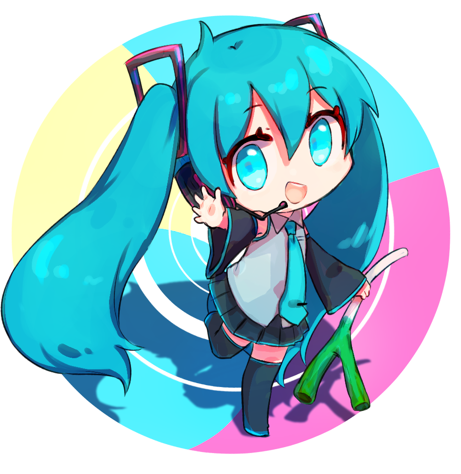 1girl absurdly_long_hair anniversary aqua_eyes aqua_hair artist_name artist_request bare_shoulders black_footwear black_legwear black_skirt blue_eyes blue_hair blue_neckwear chibi collarbone collared_shirt female_focus full_body hand_wave hatsune_miku headset heaphones holding_food holding_spring_onion holding_vegetable ievan_polkka_(vocaloid) long_hair shirt short_sleeves skirt solo spring_onion standing standing_on_one_leg twintails vegetable very_long_hair vocaloid