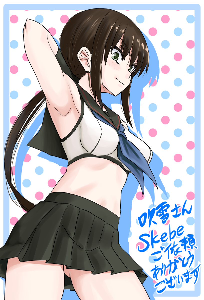 1girl adapted_costume alternate_hair_length alternate_hairstyle black_hair black_sailor_collar black_skirt blue_neckerchief breasts commentary_request fubuki_(kancolle) fubuki_kai_ni_(kancolle) green_eyes highres kantai_collection long_hair midriff navel neckerchief nekotarou_(nktr299) pleated_skirt polka_dot polka_dot_background sailor_collar sailor_shirt shirt sidelocks skirt sleeveless sleeveless_shirt small_breasts solo translation_request