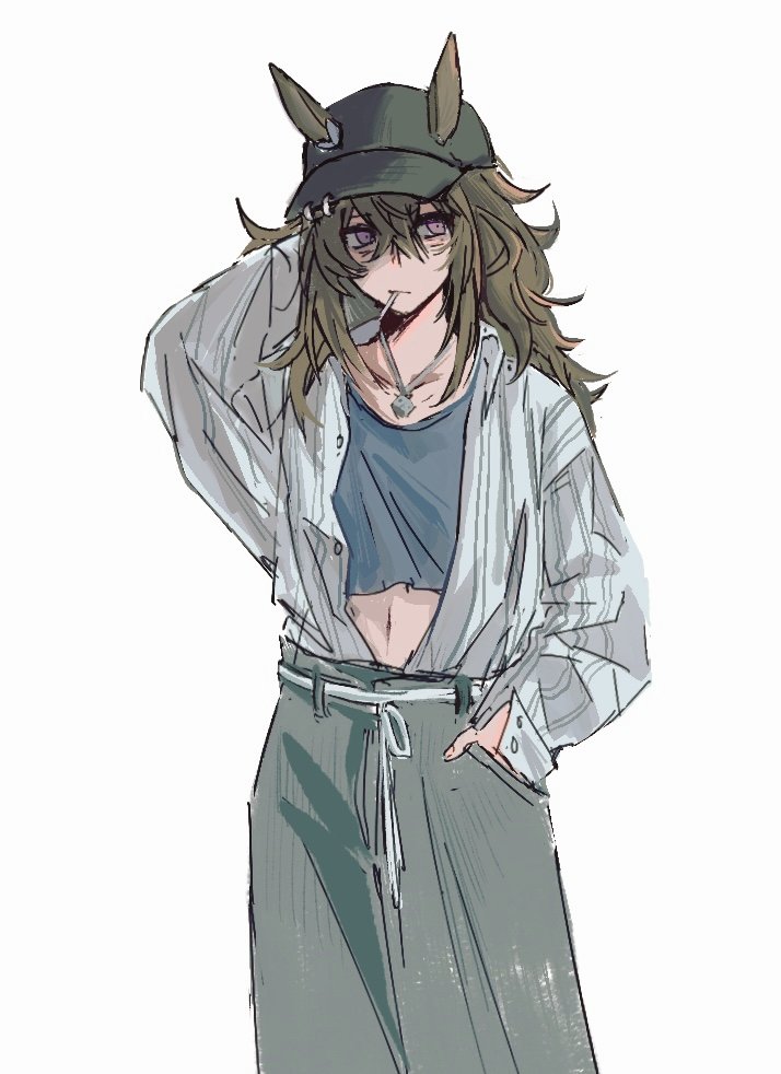 1girl alternate_costume animal_ears arm_behind_head bags_under_eyes baseball_cap black_hat blue_shirt brown_hair candy casual closed_mouth crop_top ears_through_headwear feet_out_of_frame food green_pants grey_shirt hair_between_eyes hand_in_pocket hat horse_ears jewelry lollipop long_hair long_sleeves looking_at_viewer midriff nakayama_festa_(umamusume) navel necklace open_clothes open_shirt pants pierced_hat purple_eyes sebone_(hydrangea207) shirt shirt_tucked_in simple_background solo standing string_belt umamusume white_background