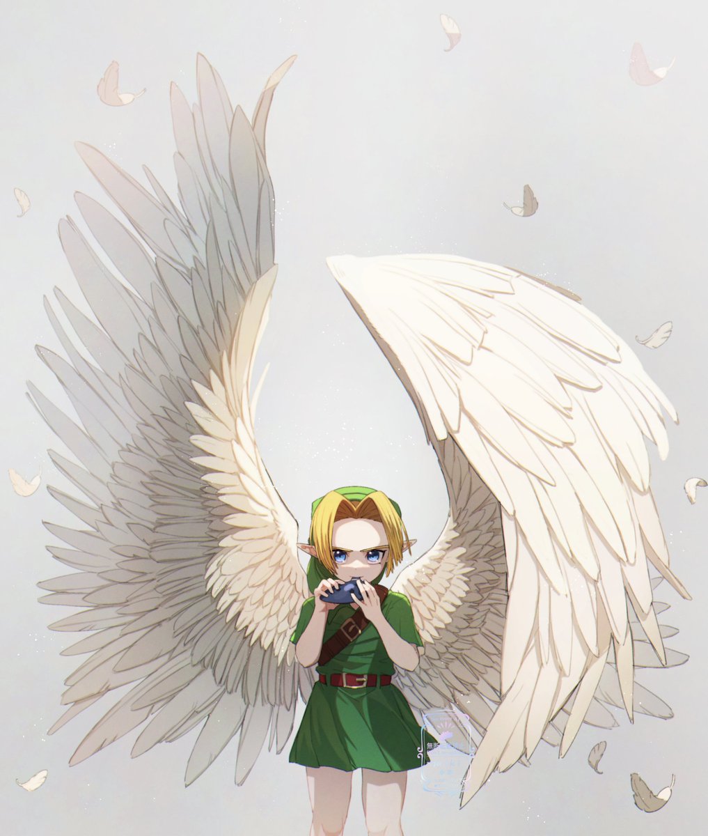 1boy ao_haruki belt blonde_hair blue_eyes facing_viewer feathered_wings feathers grey_background hat highres instrument link music nintendo ocarina playing_instrument pointy_ears solo the_legend_of_zelda the_legend_of_zelda:_majora&#039;s_mask tunic wings