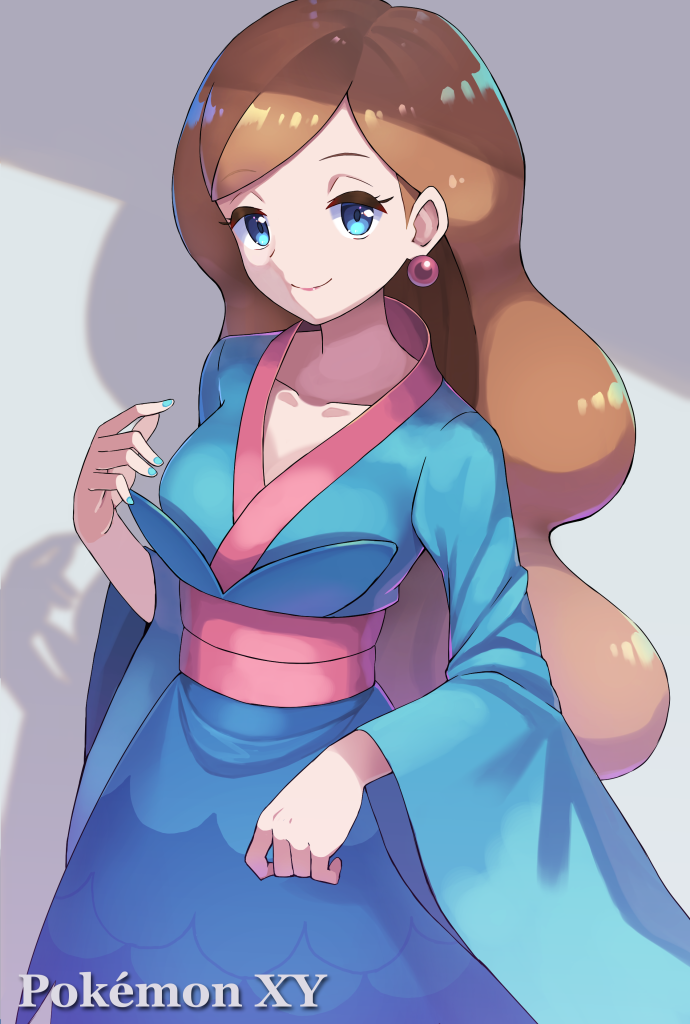1girl blue_eyes blue_nails breasts brown_hair closed_mouth collarbone commentary_request cowboy_shot earrings furisode furisode_girl_(pokemon) furisode_girl_linnea hand_up japanese_clothes jewelry kimono long_hair long_sleeves looking_at_viewer medium_breasts nail_polish nintendo obi partial_commentary pokemon pokemon_xy s_himapanda sash smile solo wide_sleeves