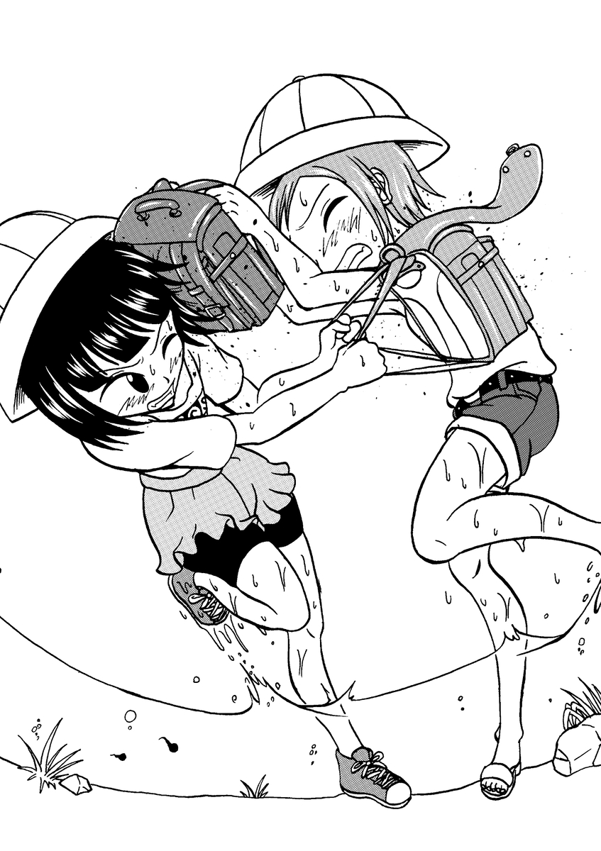 2girls backpack bag catfight hat highres multiple_girls tagme wet