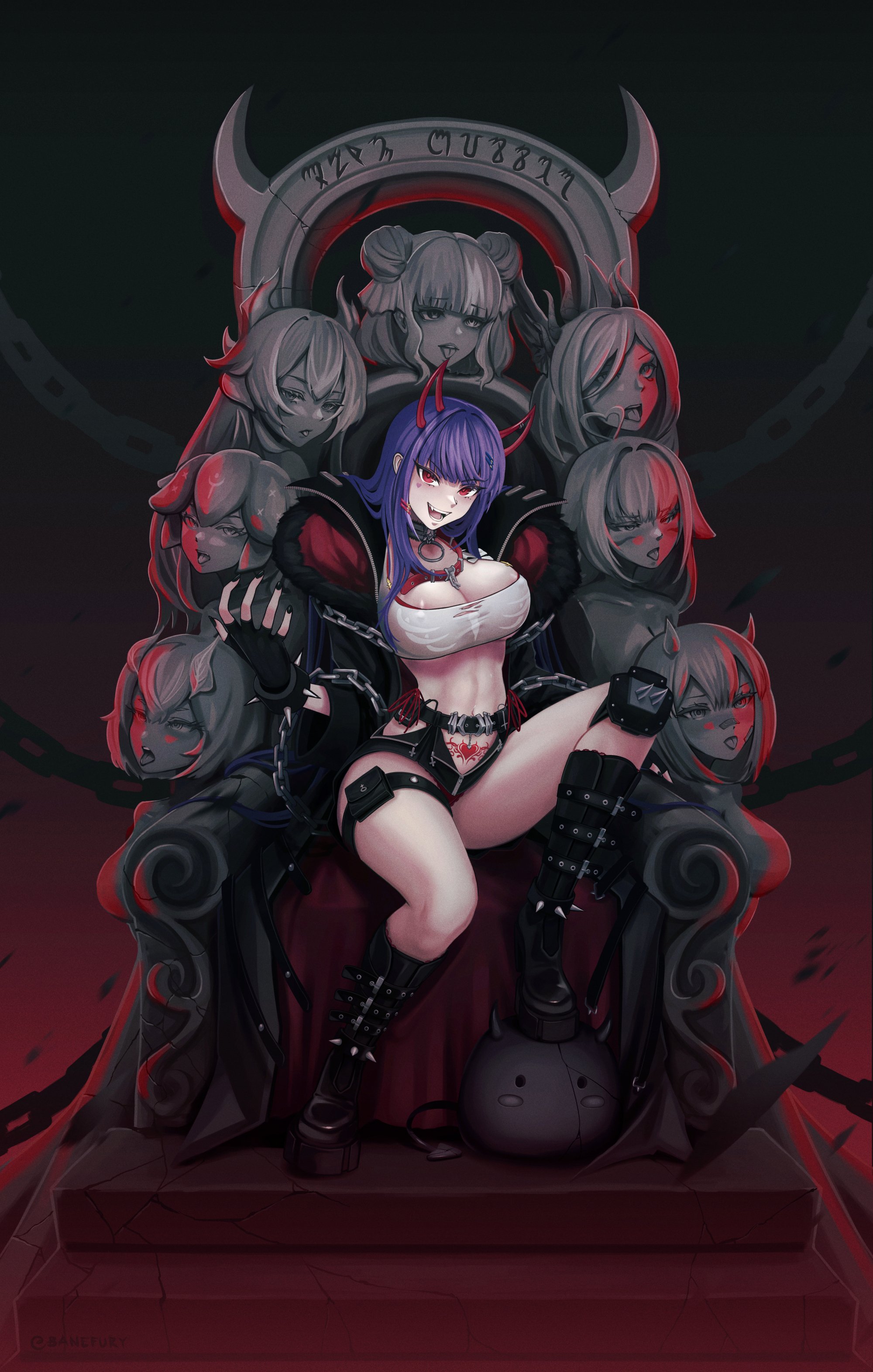 absurdres akuma_nihmune akuma_nihmune_(demon_past) banefury bao_(vtuber) belt belt_buckle black_nails boots bracelet breasts buckle chain collar demon_girl demon_horns eiko_orihime fingerless_gloves gloves highres horns indie_virtual_youtuber jewelry knee_boots large_breasts looking_at_viewer open_mouth pubic_tattoo purple_hair rainhoe red_eyes sanagi_yuzu shylily spiked_bracelet spiked_kneepads spikes tattoo teeth thigh_strap throne toned toned_female tongue trickywi vienna_(vtuber) virtual_youtuber