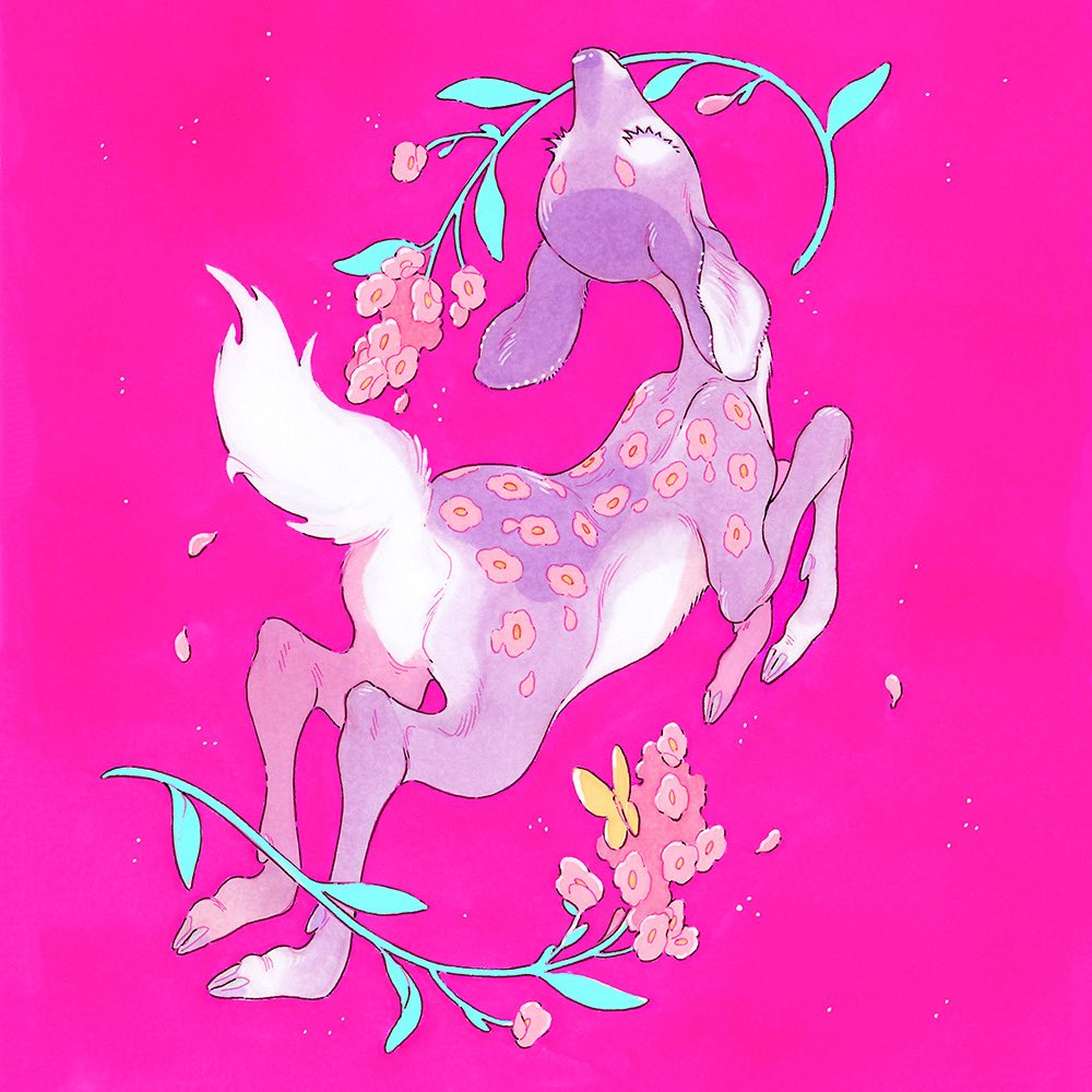 animal animal_focus bug butterfly closed_eyes colored_eyelashes commentary deer falling_petals fawn fleebites floral_print flower flower_in_mouth from_behind full_body head_back insect jumping neon_palette no_humans original petals pink_background pink_flower pink_petals purple_fur short_eyebrows simple_background symbol-only_commentary yellow_butterfly