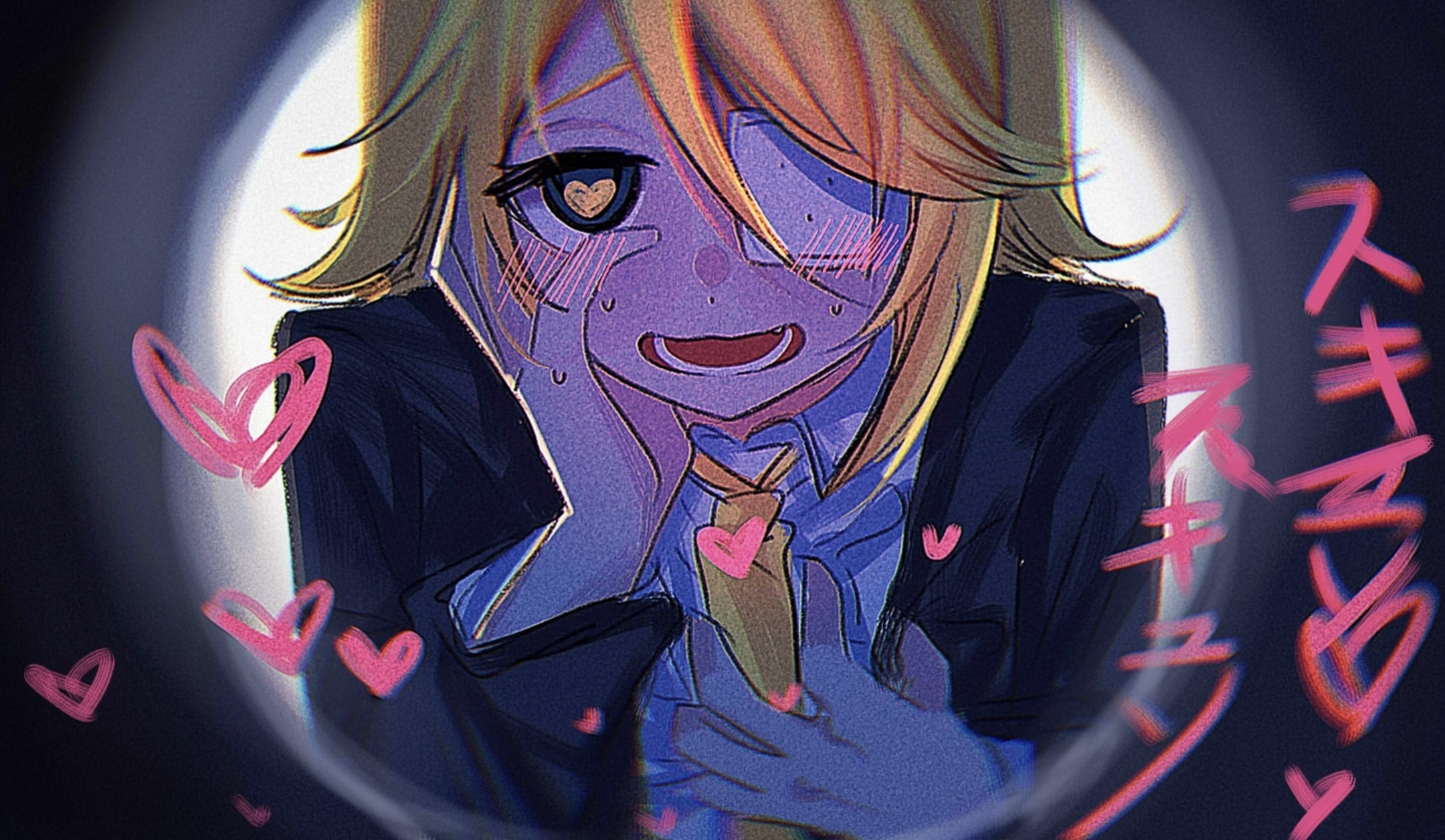 1girl black_jacket blonde_hair blue_eyes blueberry_hedy clutching_chest collared_shirt eyepatch hair_between_eyes hair_ornament hairclip hand_on_own_cheek hand_on_own_face heart heart-shaped_pupils highres jacket kagamine_rin looking_at_viewer medical_eyepatch monitoring_(vocaloid) necktie open_mouth ribbon shirt short_hair skirt smile solo symbol-shaped_pupils vocaloid white_shirt yellow_necktie