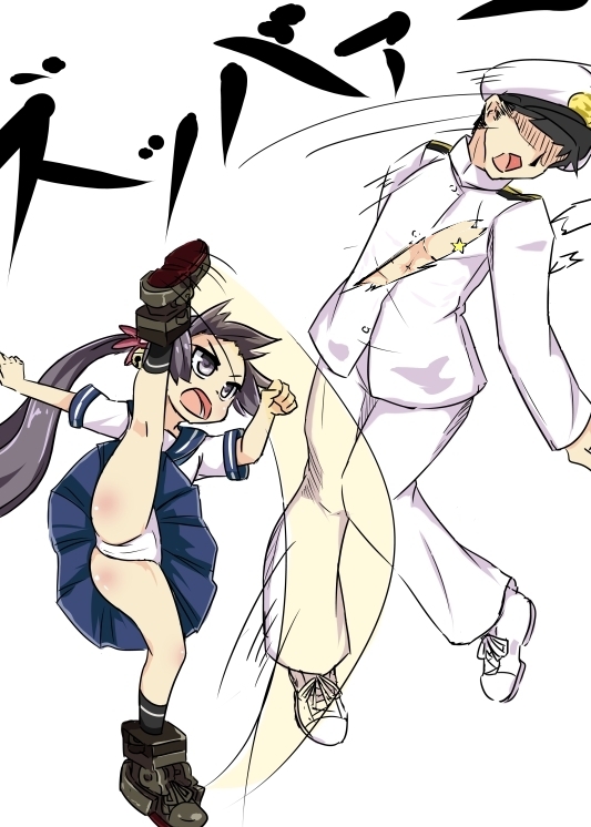 10s 1boy 1girl admiral_(kancolle) akebono_(kancolle) bell flower genocide_cutter hair_bell hair_flower hair_ornament jingle_bell kantai_collection kicking kururunpa myoukou_pose panties pantyshot pleated_skirt purple_hair school_uniform serafuku shoes skirt torn_clothes underwear upskirt white_panties