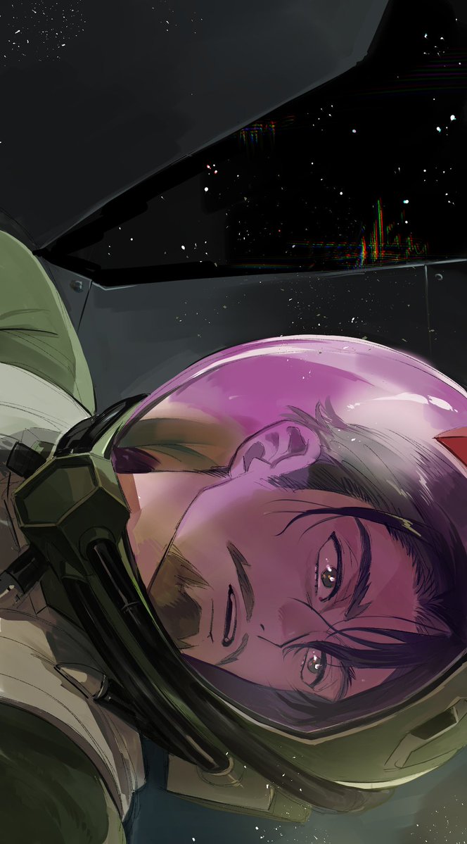 1boy beard black_hair challia_bull cockpit commentary_request daneda facial_hair green_eyes gundam gundam_gquuuuuux helmet male_focus mecha_pilot_suit mustache open_mouth short_hair sideways solo space space_helmet