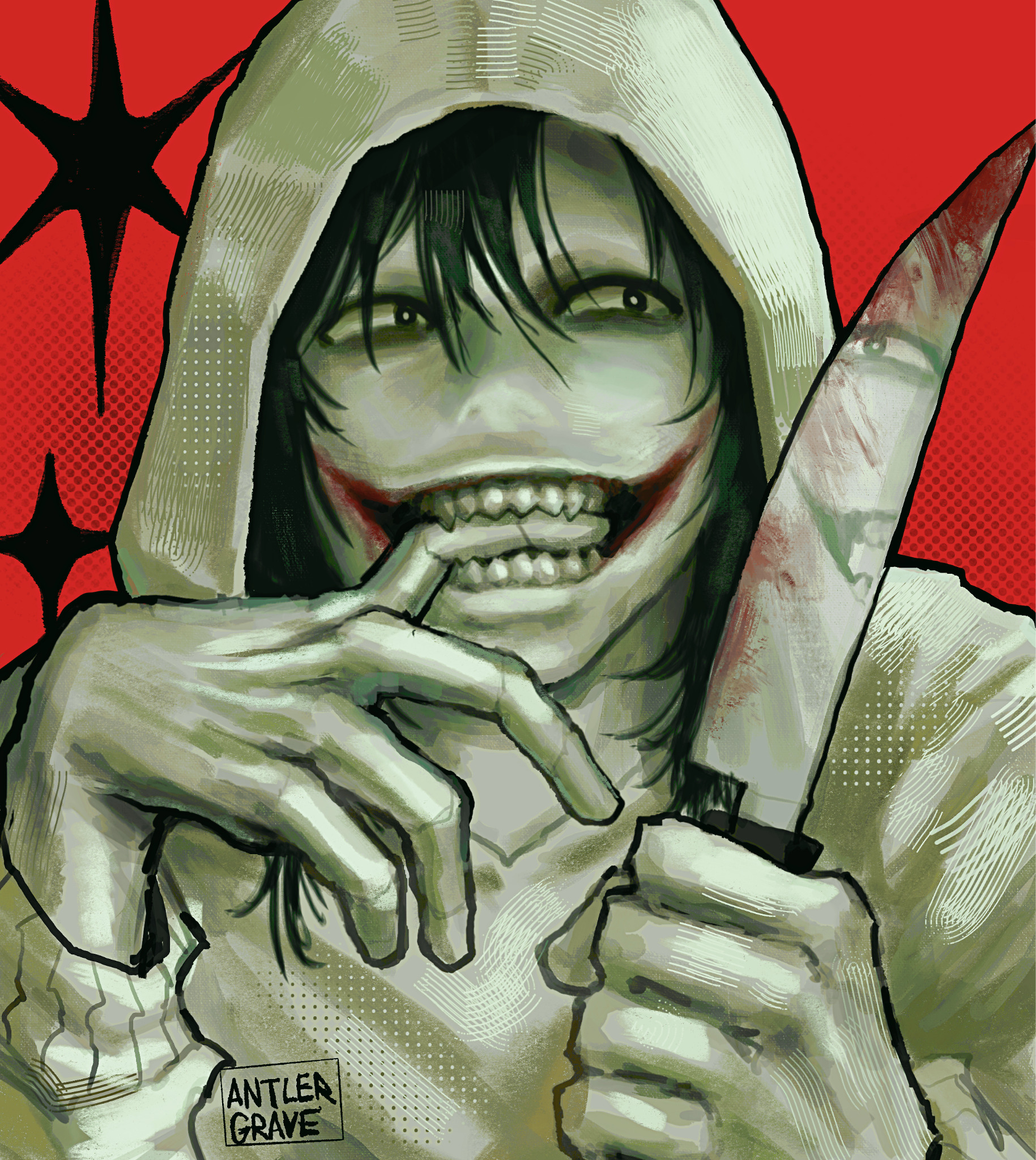 1boy antlergrave artist_name bags_under_eyes black_eyes black_hair blood bloody_knife bright_pupils colored_skin creepypasta finger_in_own_mouth glasgow_smile hair_between_eyes halftone hands_up highres holding holding_knife hood hood_up hoodie jeff_the_killer knife long_sleeves looking_to_the_side male_focus medium_hair open_mouth red_background reflection sharp_teeth simple_background smile solo sparkle teeth white_hoodie white_pupils white_skin
