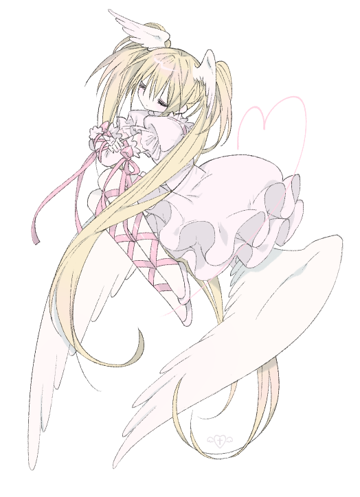 1girl arm_ribbon blonde_hair closed_eyes closed_mouth crossed_arms dress frilled_dress frilled_sleeves frills head_wings knees_up leg_ribbon long_hair low_wings multiple_wings original pink_ribbon puffy_short_sleeves puffy_sleeves ribbon shoes short_sleeves simple_background solo u_emper very_long_hair white_background white_dress white_shoes wings