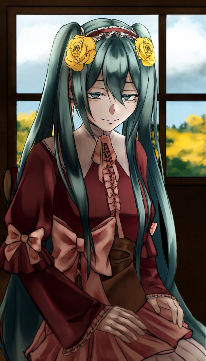 1girl aqua_hair bags_under_eyes bandwagonnnnn blue_sky bow capelet collared_dress colored_eyelashes dress dress_bow evillious_nendaiki flower frilled_dress frilled_hairband frills hair_flower hair_ornament hairband hakoniwa_no_shoujo_(vocaloid) hatsune_miku highres lolita_hairband long_hair looking_at_viewer michelle_marlon pale_skin pink_bow pink_dress portrait rose sitting sky smile solo twintails very_long_hair vocaloid white_capelet window yellow_flower yellow_rose
