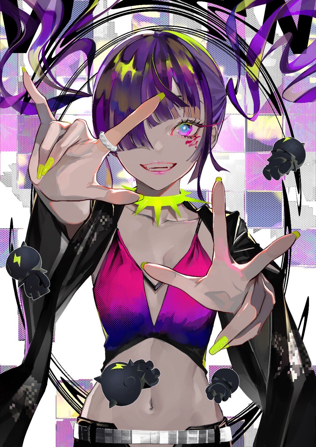 1girl belt breasts bright_pupils charm_(object) collar collarbone commentary_request fangs floating_hair glowing_nails hair_over_one_eye highres jewelry lam_(ramdayo) lightning_bolt_symbol long_hair looking_at_viewer midriff multicolored_eyes nail_polish navel neon_palette original outstretched_arms parted_lips purple_hair ring small_breasts solo spiked_collar spikes teeth upper_body yellow_nails
