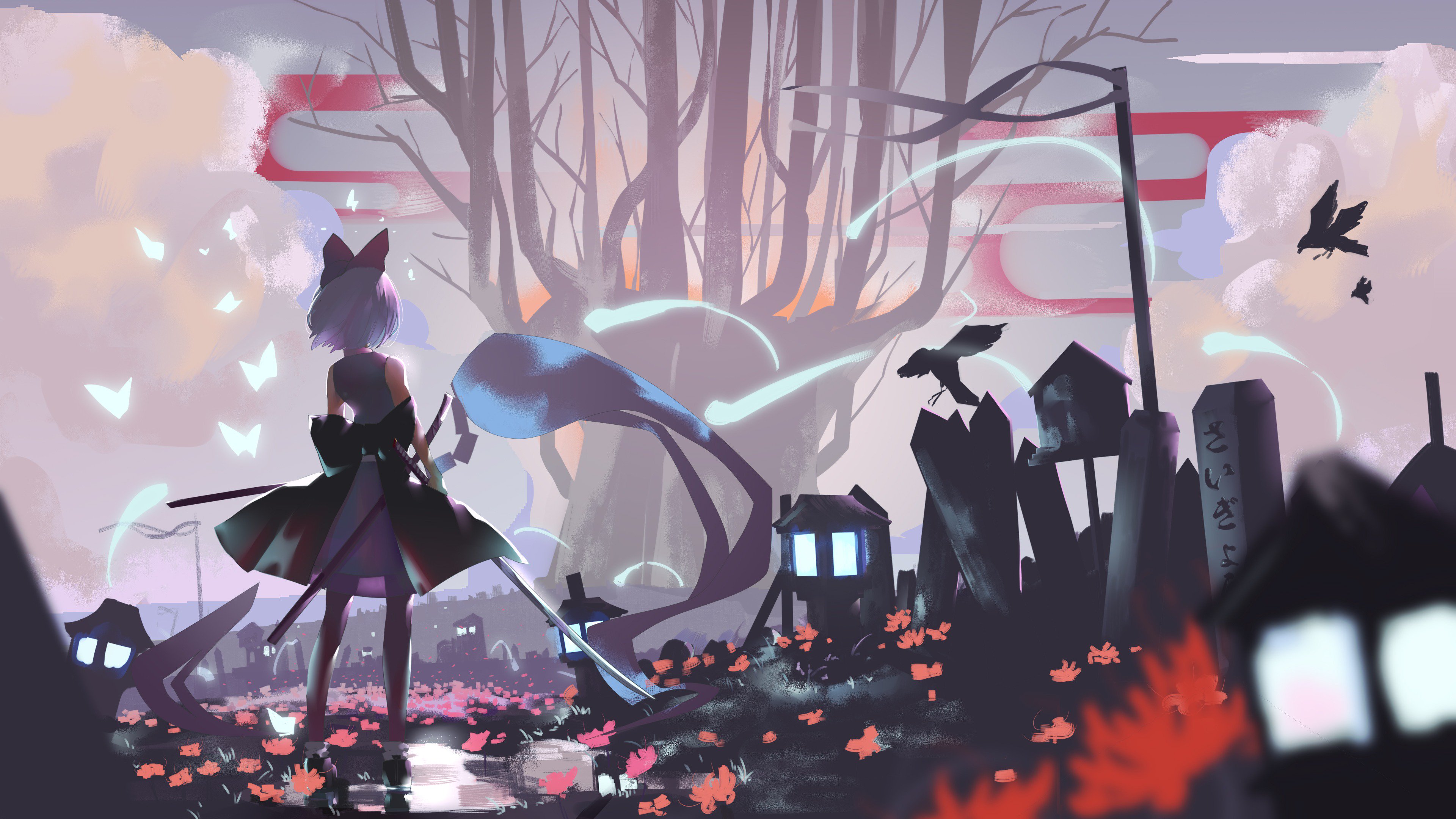 1girl absurdres alternate_costume bare_tree bird bug butterfly cloud commentary from_behind hashtag-only_commentary highres hitodama holding holding_sword holding_weapon insect konpaku_youmu konpaku_youmu_(ghost) multiple_swords outdoors s2535151 saigyou_ayakashi sheath sheathed solo sword touhou tree unsheathed weapon
