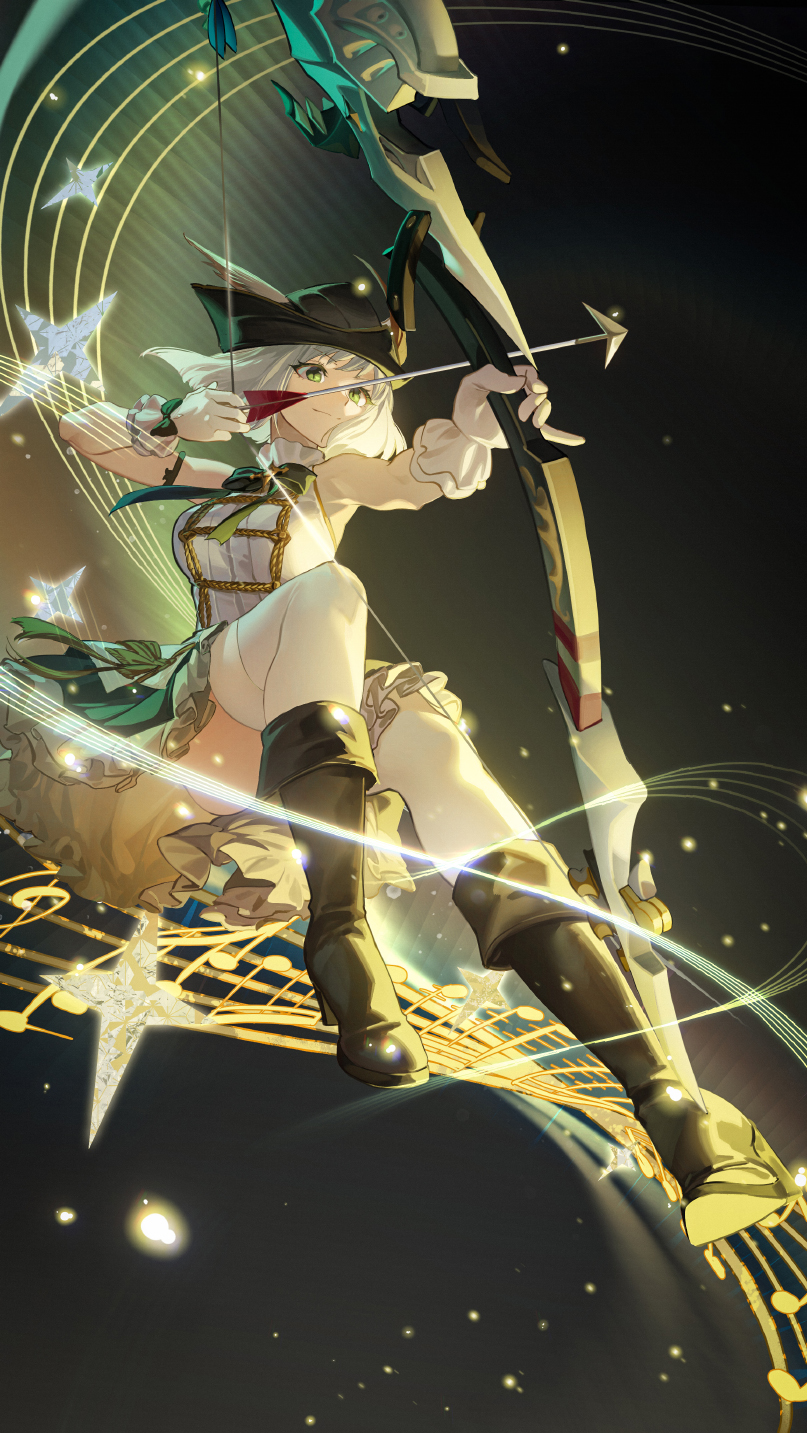 1girl arrow_(projectile) bard_(final_fantasy) black_boots black_headwear boots bow bow_(weapon) bowtie breasts final_fantasy final_fantasy_xiv frilled_skirt frills full_body gloves green_bow green_bowtie green_eyes green_skirt grey_hair highres holding holding_bow_(weapon) holding_weapon medium_breasts musical_note rff_(3_percent) shirt short_hair skirt sleeveless sleeveless_shirt solo thighhighs weapon white_gloves white_shirt white_thighhighs