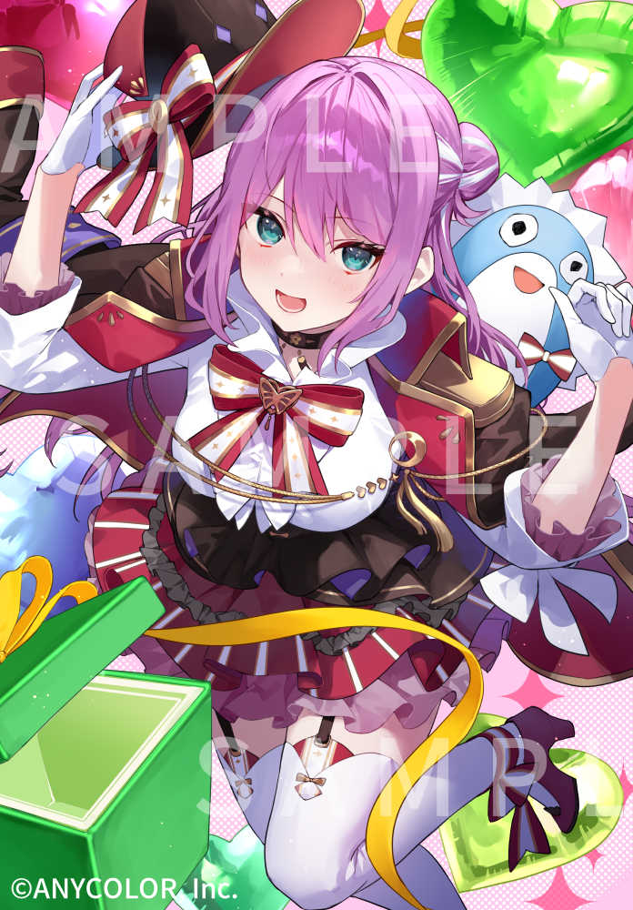 1girl :d alternate_costume alternate_hairstyle amagasa_yun balloon black_jacket blue_eyes box copyright_name dress gift gift_box gloves hair_between_eyes hair_intakes hat heart_balloon holding holding_unworn_clothes holding_unworn_hat jacket lower_teeth_only multicolored_hair nijisanji official_alternate_costume official_alternate_hairstyle official_art open_mouth purple_hair sakura_ritsuki sakura_ritsuki_(5th_costume) sample_watermark side_ponytail smile solo streaked_hair teeth thighhighs tongue unworn_hat unworn_headwear virtual_youtuber watermark white_gloves white_hair white_thighhighs