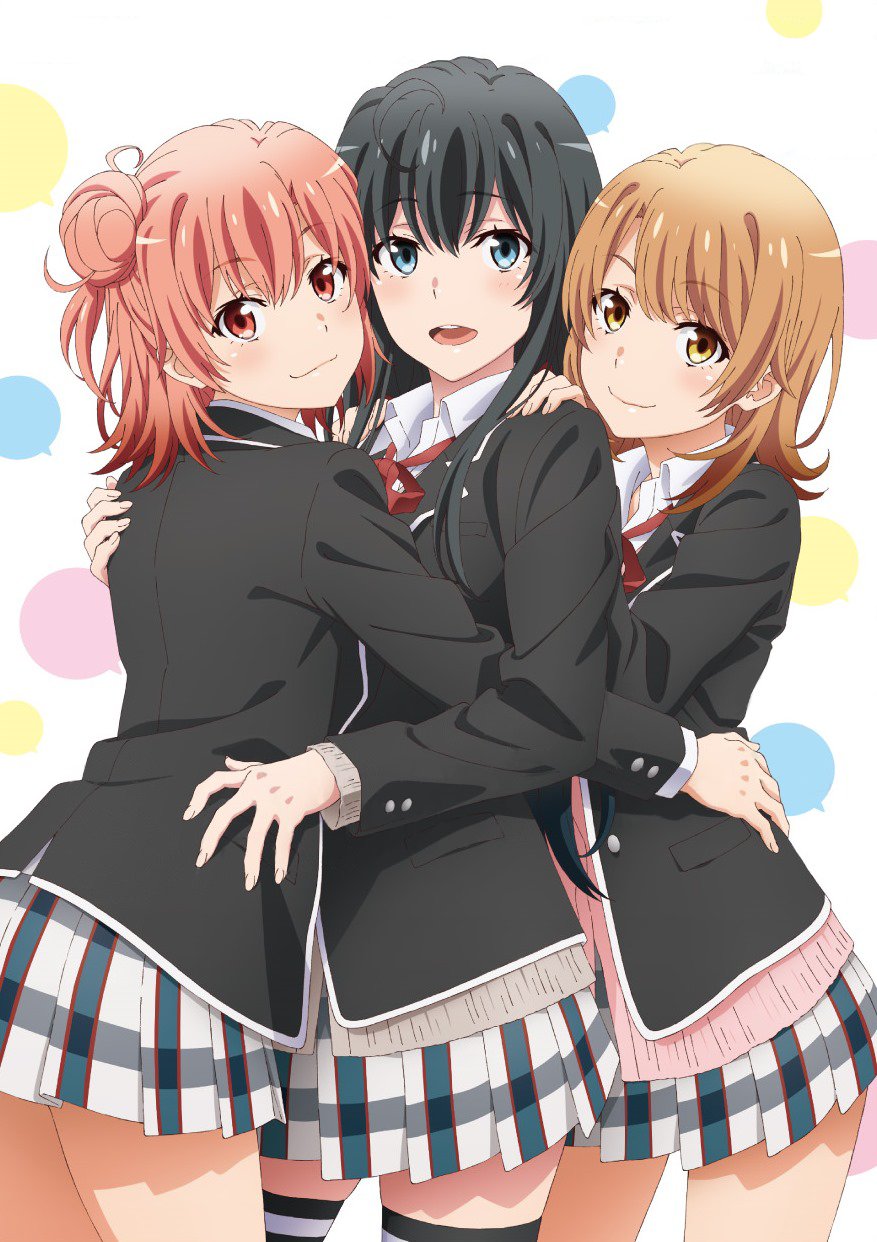 3girls black_hair black_jacket black_socks black_thighhighs blazer blue_eyes blush bow bowtie brown_eyes brown_hair closed_mouth collared_shirt female_focus hair_bun highres hug hug_from_behind isshiki_iroha jacket kneehighs legs long_hair long_sleeves looking_at_viewer miniskirt multicolored_skirt multiple_girls official_art open_mouth orange_hair pleated_skirt red_bow red_bowtie red_eyes red_ribbon ribbon shirt short_hair single_hair_bun skirt smile socks teeth thighhighs thighs upper_teeth_only white_shirt yahari_ore_no_seishun_lovecome_wa_machigatteiru. yuigahama_yui yukinoshita_yukino zettai_ryouiki