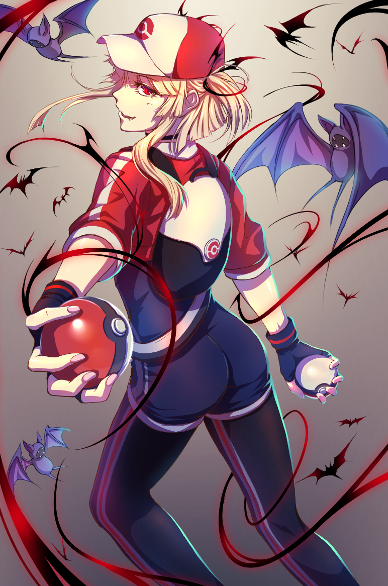 10s 1girl ass backpack bag baseball_cap blonde_hair blood blood_on_face choker fangs female_protagonist_(pokemon_go) fingerless_gloves gen_1_pokemon gloves hat holding holding_poke_ball pantyhose pantyhose_under_shorts poke_ball pokemon pokemon_(creature) pokemon_go red_eyes shorts so-on zubat