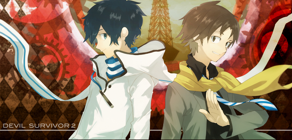 10s 2boys akiyoshi akiyoshi_nozomu blazer blue_eyes blue_hair brown_eyes brown_hair devil_survivor_(series) devil_survivor_2 digital_media_player grin jacket kuze_hibiki male_focus multiple_boys necktie protagonist_(devil_survivor_2) scarf shijima_daichi short_hair smile tower