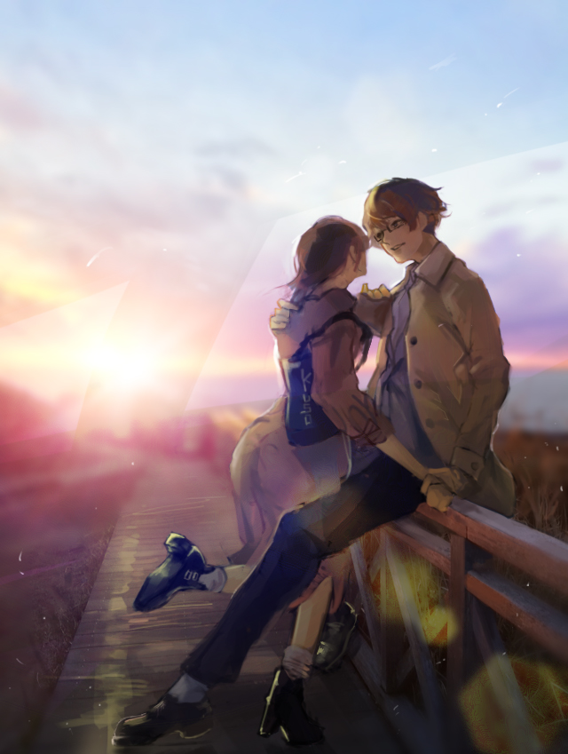 1boy 1girl black_bag black_pants blue_shirt brown_hair brown_jacket commentary_request day dress foot_up from_side glasses grass hand_on_another&#039;s_shoulder holding_hands jacket kyuuba_melo long_sleeves looking_at_another nishino_kimi nishio_nishiki outdoors pants road shirt short_hair sitting smile standing street tokyo_ghoul
