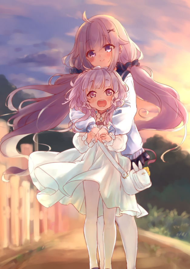 2girls ahoge azur_lane bag black_footwear black_skirt blue_eyes blush cardigan cloud dress ekuramani holding_hands hug hug_from_behind little_illustrious_(azur_lane) long_hair low_twintails multiple_girls open_mouth outdoors pantyhose purple_eyes purple_hair sailor_collar school_uniform scrunchie shoes silver_hair skirt sky smile twintails unicorn_(azur_lane) white_cardigan white_dress white_legwear wind wind_lift