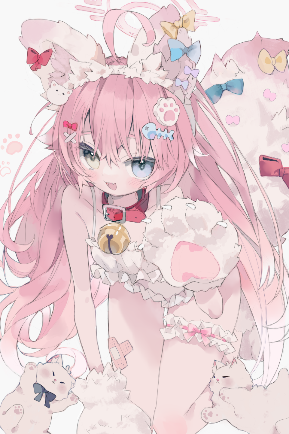 :d ahoge alternate_costume animal animal_collar animal_ear_hairband animal_ears animal_hands baby_animal bandaid_on_thigh bare_arms bare_legs bare_shoulders bell blue_archive blue_bow blue_eyes blush bow bow_hair_ornament bra breasts cat cat_ear_hairband cat_ears cat_hair_ornament cat_tail collar collarbone commentary crossed_bandaids double-parted_bangs ear_bow english_commentary fake_animal_ears fake_tail fang fish_hair_ornament fish_skeleton_hair_ornament frilled_bra frilled_panties frilled_thigh_strap frills gloves green_eyes hair_between_eyes hair_flaps hair_ornament hairband hairclip halo hand_up hetero highres hoshino_(blue_archive) huge_ahoge jingle_bell kitten kneeling large_tail leaning_forward loli long_hair looking_at_viewer marant38 neck_bell open_mouth panties paw_gloves paw_hair_ornament paw_print paw_print_background paw_shoes petite pink_hair pink_halo red_bow red_collar simple_background skin_fang small_breasts smile solo spaghetti_strap tail tail_bow tail_ornament thigh_gap thigh_strap thighs underwear underwear_only very_long_hair white_background white_bra white_hairband white_panties white_tail x_hair_ornament yellow_bow