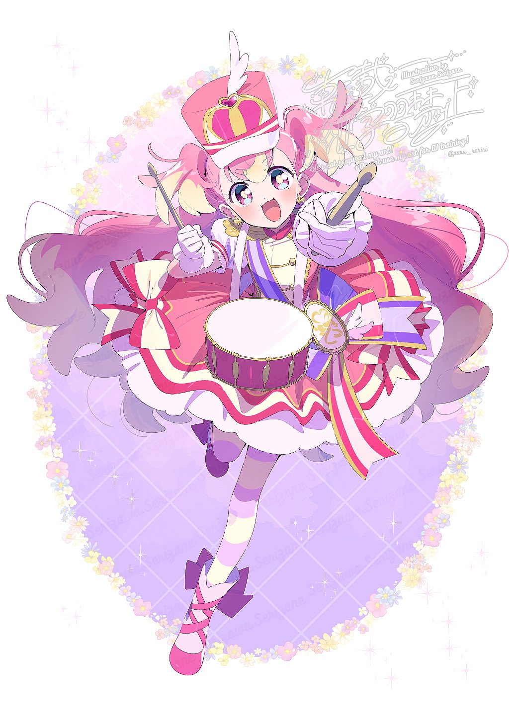 1girl blonde_hair bow bright_pupils circle_skirt colored_tips commentary_request cross-laced_shoes crown crown_earrings cure_wonderful dot_nose dress dress_bow drum_around_neck drumsticks earrings eyelashes flower footwear_bow frilled_dress frilled_sleeves frills full_body gloves grid_background hair_between_eyes hat hat_feather hat_ornament heart heart_hat_ornament highres holding holding_drumsticks inukai_komugi jewelry light_blush long_hair magical_girl mini_crown multicolored_hair open_mouth pantyhose pink_bow pink_crown pink_dress pink_eyes pink_hair pink_hat pink_pantyhose pink_shoes pleated_dress precure puffy_short_sleeves puffy_sleeves purple_background purple_sash sash serizawa_serizane shako_cap shoes short_dress short_sleeves single_stripe smile solo sparkle striped_clothes striped_pantyhose striped_sash tareme twitter_username two-tone_background two-tone_hair two-tone_pantyhose two_side_up very_long_hair watermark white_background white_bow white_gloves white_pupils white_sleeves wonderful_precure! yellow_pantyhose