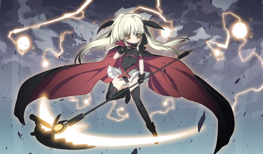 00s 1girl bad_id bad_pixiv_id bardiche_(nanoha) bardiche_(scythe_form)_(nanoha) blade_(galaxist) electricity fate_testarossa fate_testarossa_(movie_1st_form) female_focus lightning lyrical_nanoha mahou_shoujo_lyrical_nanoha solo thighhighs