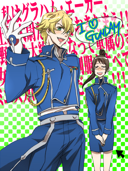 2boys aiguillette bad_id bad_pixiv_id billy_katagiri cosplay crossdressing crossdressing_(mtf) fullmetal_alchemist graham_aker gundam gundam_00 hayato_(gt) hito_(pixiv153199) male_focus multiple_boys parody riza_hawkeye riza_hawkeye_(cosplay) roy_mustang roy_mustang_(cosplay) typo