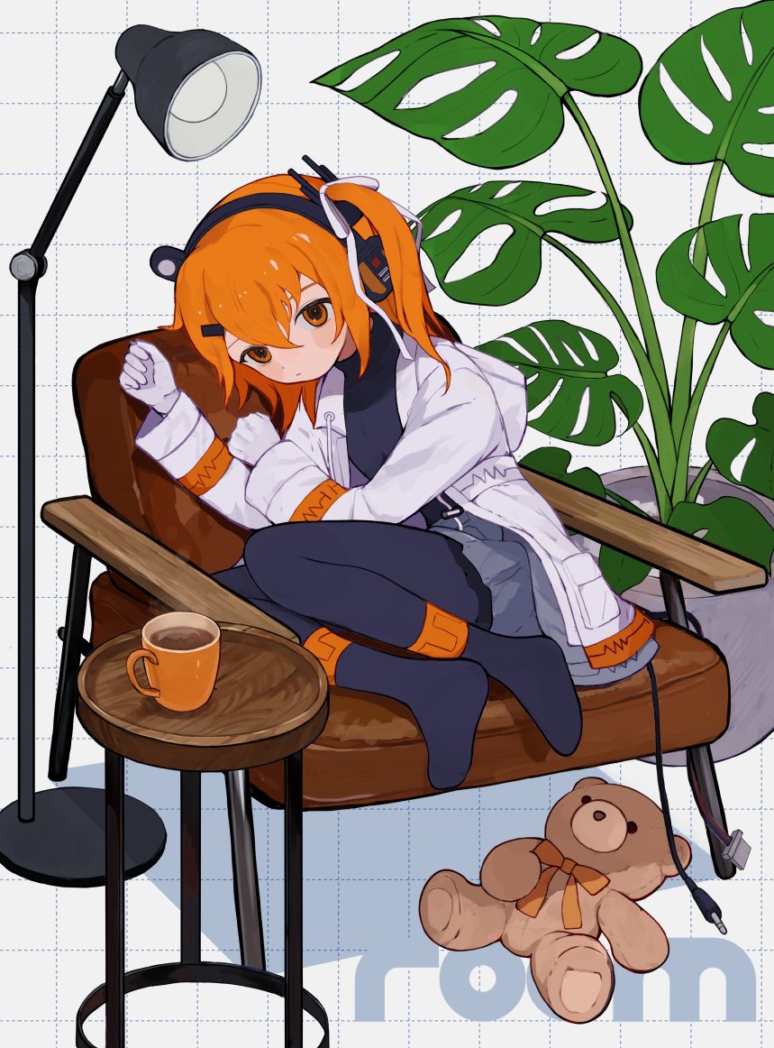 1girl a.i._voice adachi_rei armchair black_pantyhose black_shirt cable chair closed_mouth coffee coffee_mug cup floor_lamp gloves grey_skirt grid_background hair_between_eyes hair_ornament hair_ribbon hairclip headlamp hood hood_down hooded_jacket jacket lamp lens_eye long_sleeves medium_hair miniskirt monstera_deliciosa mug no_shoes on_chair one_side_up open_clothes open_jacket orange_eyes orange_hair pantyhose plant potted_plant radio_antenna ribbon s1ho_(ukiy0u0) shirt sitting skirt solo stuffed_animal stuffed_toy table teddy_bear utau white_gloves white_jacket white_ribbon