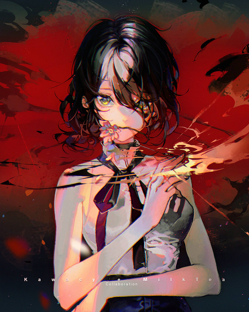 1girl artist_name black_hair breasts chainsaw_man choker crossed_arms explosion flower green_eyes hair_bun hair_over_one_eye kawacy red_background reze_(chainsaw_man) ribbon shirt short_hair single_hair_bun sleeveless small_breasts smile upper_body watermark white_shirt