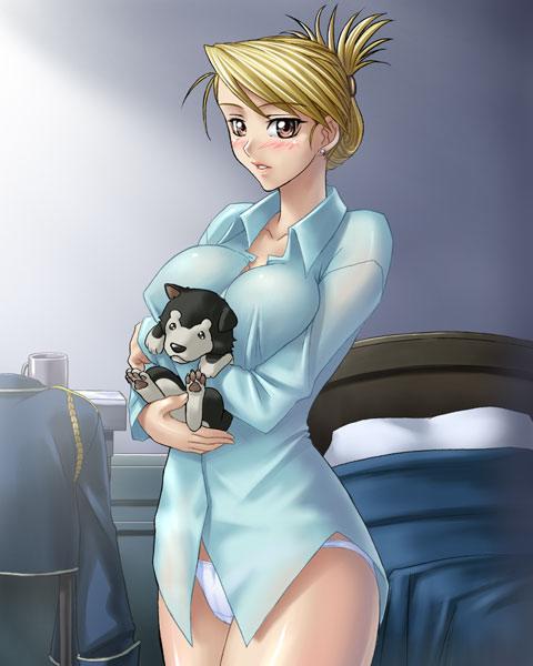00s 1girl bed black_hayate blonde_hair blush bottomless breasts cup dog earrings female_focus folded_ponytail fullmetal_alchemist holding jewelry kagami_hirotaka large_breasts looking_at_viewer nightshirt no_pants panties parted_lips pet puppy riza_hawkeye shiba_inu solo underwear white_panties yellow_eyes