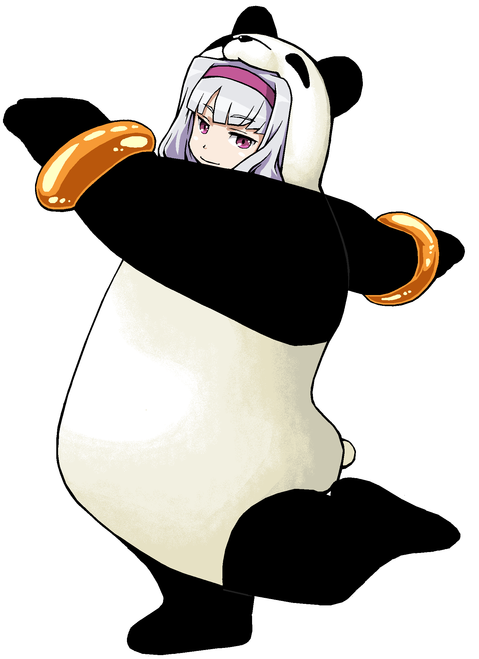 1girl animal_costume bangle bracelet company_connection female_focus hairband highres idolmaster idolmaster_(classic) jewelry long_hair microsoft_paint_(medium) namco panda_(tekken) panda_costume purple_eyes shijou_takane silver_hair smile solo tekken tomonotomono