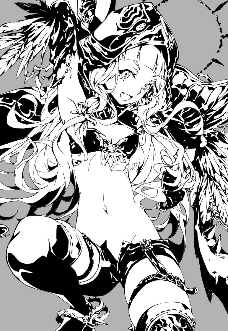 1girl :d arm_up armpits bra cape fang flat_chest grey_background greyscale himiko_(326ontheweb) holding holding_behind_back holding_polearm holding_weapon holding_weapon_behind_back hood hooded_cape kneeling long_hair monochrome navel on_one_knee open_mouth over-kneehighs polearm red_riding_hood_(sinoalice) short_shorts shorts sideways_glance simple_background sinoalice smile solo thigh_strap thighhighs underwear weapon