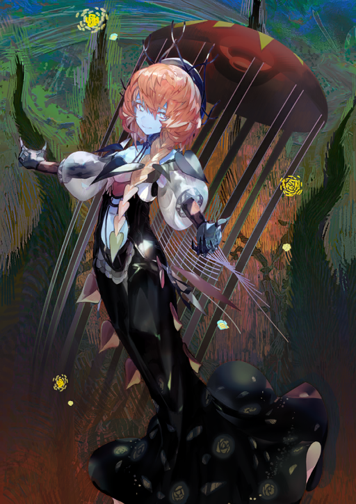 1girl black_dress black_gloves black_hat blue_eyes blue_skin braid clothing_cutout colored_skin creature dress fate/grand_order fate_(series) fingernails full_body game_cg gloves hat impressionism jellyfish kibadori_rue layered_sleeves long_dress long_hair long_sleeves mermaid_dress navel navel_cutout off-shoulder_dress off_shoulder official_art orange_hair outstretched_arms puffy_sleeves see-through_clothes see-through_sleeves sharp_fingernails solo third-party_source van_gogh_(fate) van_gogh_(second_ascension)_(fate)