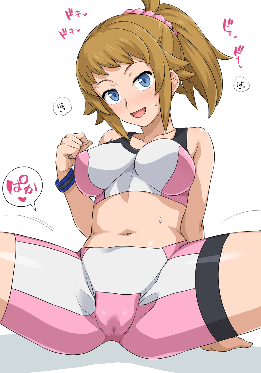 1girl :d bike_shorts blue_eyes blush breasts brown_hair commentary_request gundam gundam_build_fighters gundam_build_fighters_try haruhisky highres hoshino_fumina large_breasts looking_at_viewer midriff multicolored_sports_bra navel open_mouth pink_shorts pink_sports_bra ponytail shorts simple_background sitting smile solo sports_bra tongue torn_bike_shorts torn_clothes translation_request two-tone_shorts two-tone_sports_bra white_background white_shorts white_sports_bra