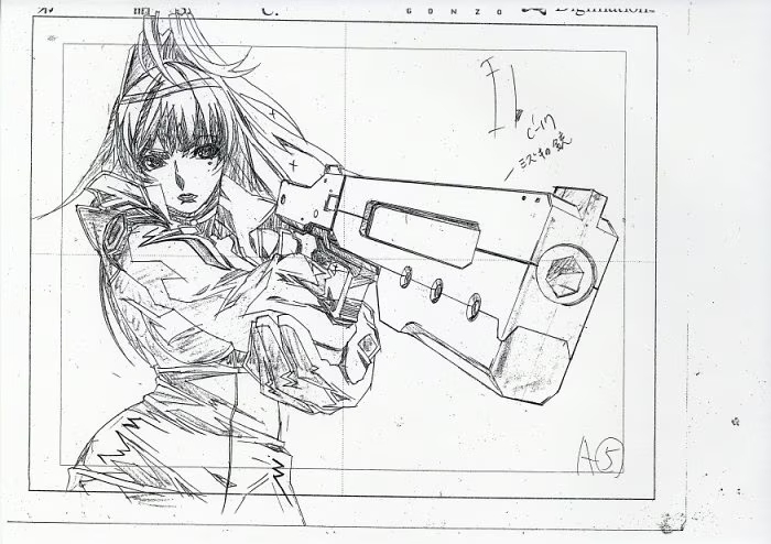 choujuushin_gravion choujuushin_gravion_zwei gun handgun lineart long_hair monochrome official_art tachibana_mizuki weapon