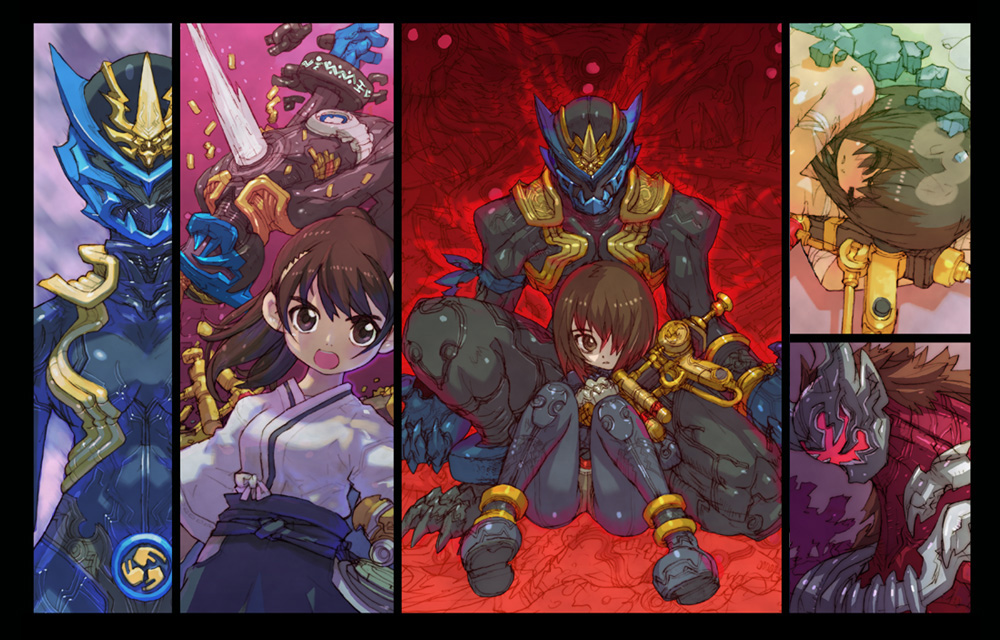 2girls :d amami_akira brown_hair gyuuki_(makamou) hair_over_one_eye hakama hakama_short_skirt hakama_skirt japanese_clothes kamen_rider kamen_rider_amaki kamen_rider_dcd kamen_rider_hibiki_(series) kamen_rider_ibuki kimono looking_at_viewer miko multiple_girls nakayama_tooru oni open_mouth sitting skirt smile standing