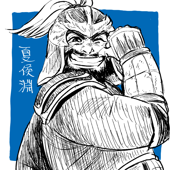 1boy armor beard blue_background facial_hair greyscale_with_colored_background grin helmet japanese_armor long_beard looking_at_viewer male_focus mature_male mustache one_eye_closed pointing pointing_at_self sangoku_musou_1 shin_sangoku_musou sketch smile solo thick_eyebrows translation_request two-tone_background upper_body xiahou_yuan yaso80hachi