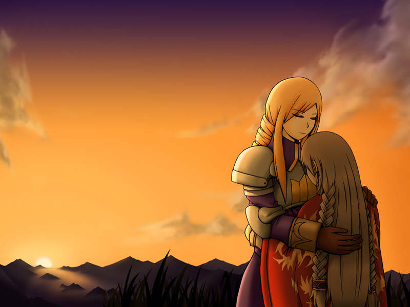 2girls agrias_oaks armor blonde_hair braid drill_hair closed_eyes final_fantasy final_fantasy_tactics gloves hug knight long_hair multiple_girls outdoors ovelia_atkascha rawza shoulder_pads silver_hair single_braid smile standing sun sunset twin_braids very_long_hair