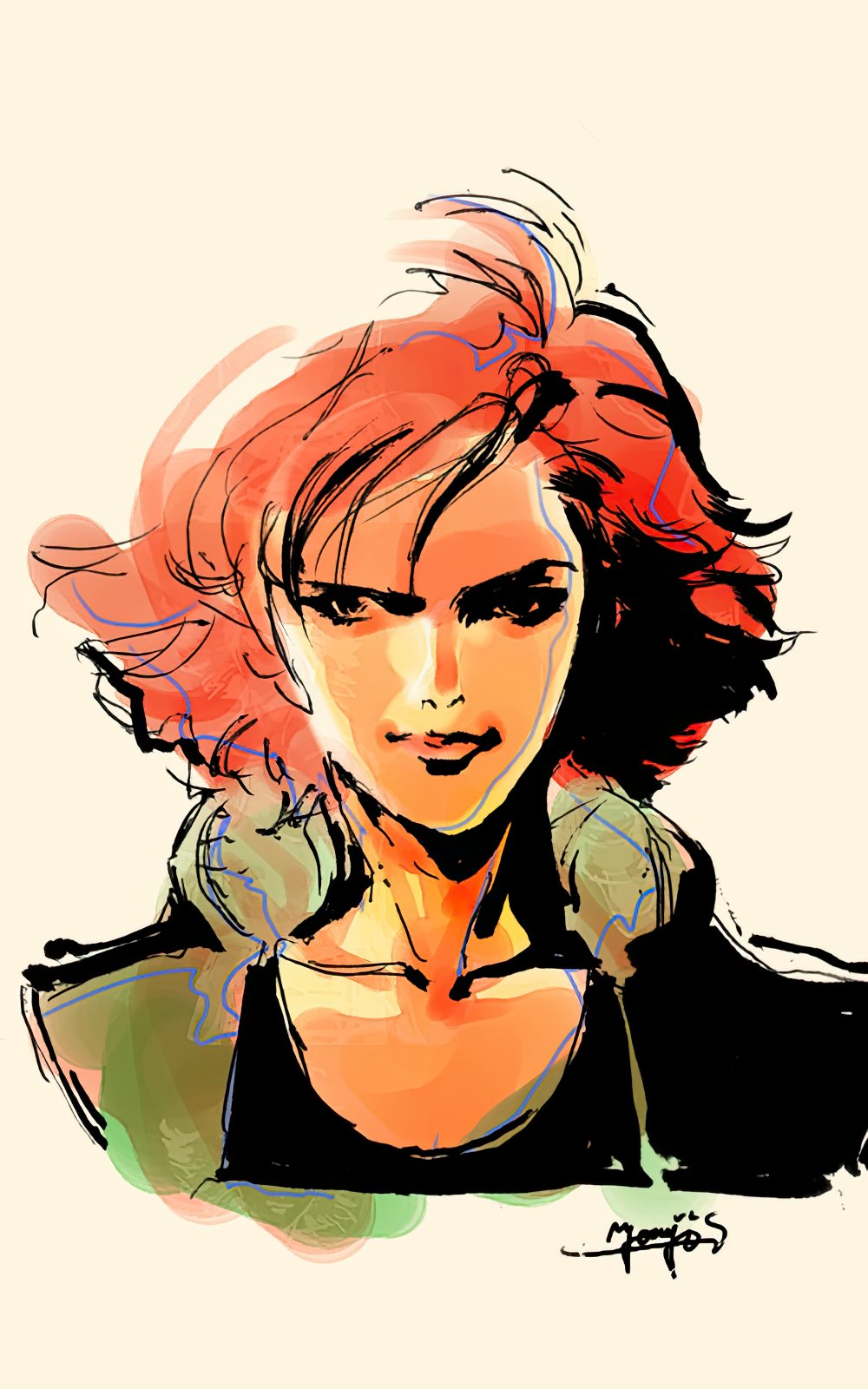 1girl closed_mouth concept_art flipped_hair highres jacket meryl_silverburgh metal_gear_(series) metal_gear_solid official_art portrait red_hair shinkawa_youji short_hair sideways_glance signature simple_background smile solo tank_top