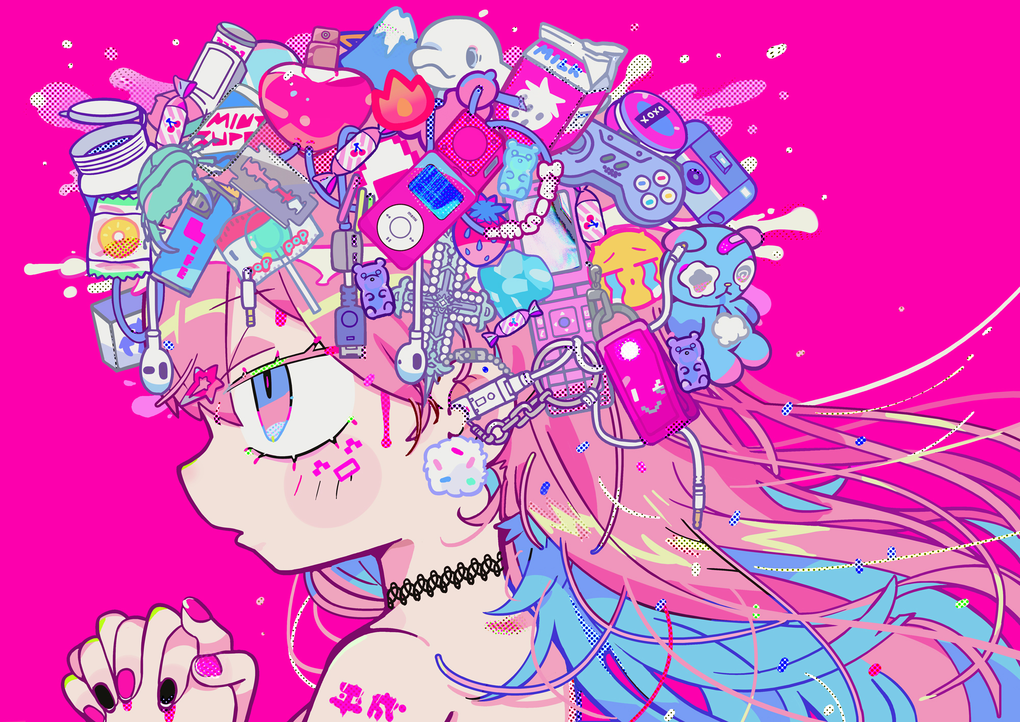 1girl absurdly_detailed_composition black_choker blush_stickers cable candy cellphone choker colorful commentary cross crying_emoji decora digital_media_player earphones emoji flip_phone food from_side gummy_bear heisei heisei_retro highres ipod ipod_nano ipod_nano_3g jitome long_sleeves microsoft_windows milk_carton multicolored_eyes nail_polish nintendo original own_hands_together phone pink_background pink_hair pink_theme pom_pom_(clothes) portrait razor_blade recycle_bin shoulder_tattoo simple_background stuffed_animal stuffed_toy super_famicom_gamepad tattoo tattoo_choker teddy_bear terada_tera too_many_hair_ornaments usb yami_kawaii