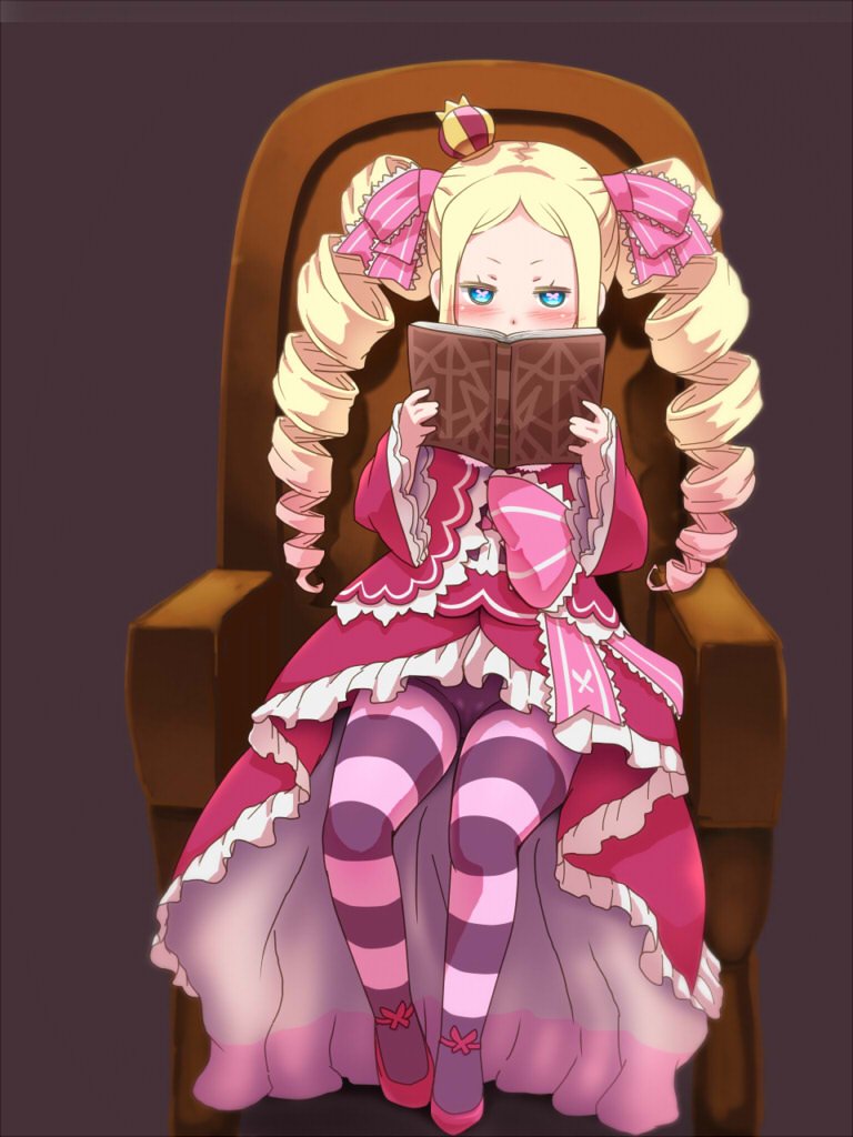 1girl awa beatrice_(re:zero) blonde_hair blue_eyes blush book crown dress drill_hair frilled_dress frilled_sleeves frills full_body hair_ribbon holding holding_book long_hair long_sleeves looking_at_viewer mini_crown pantyhose re:zero_kara_hajimeru_isekai_seikatsu ribbon simple_background solo striped twin_drills twintails wide_sleeves