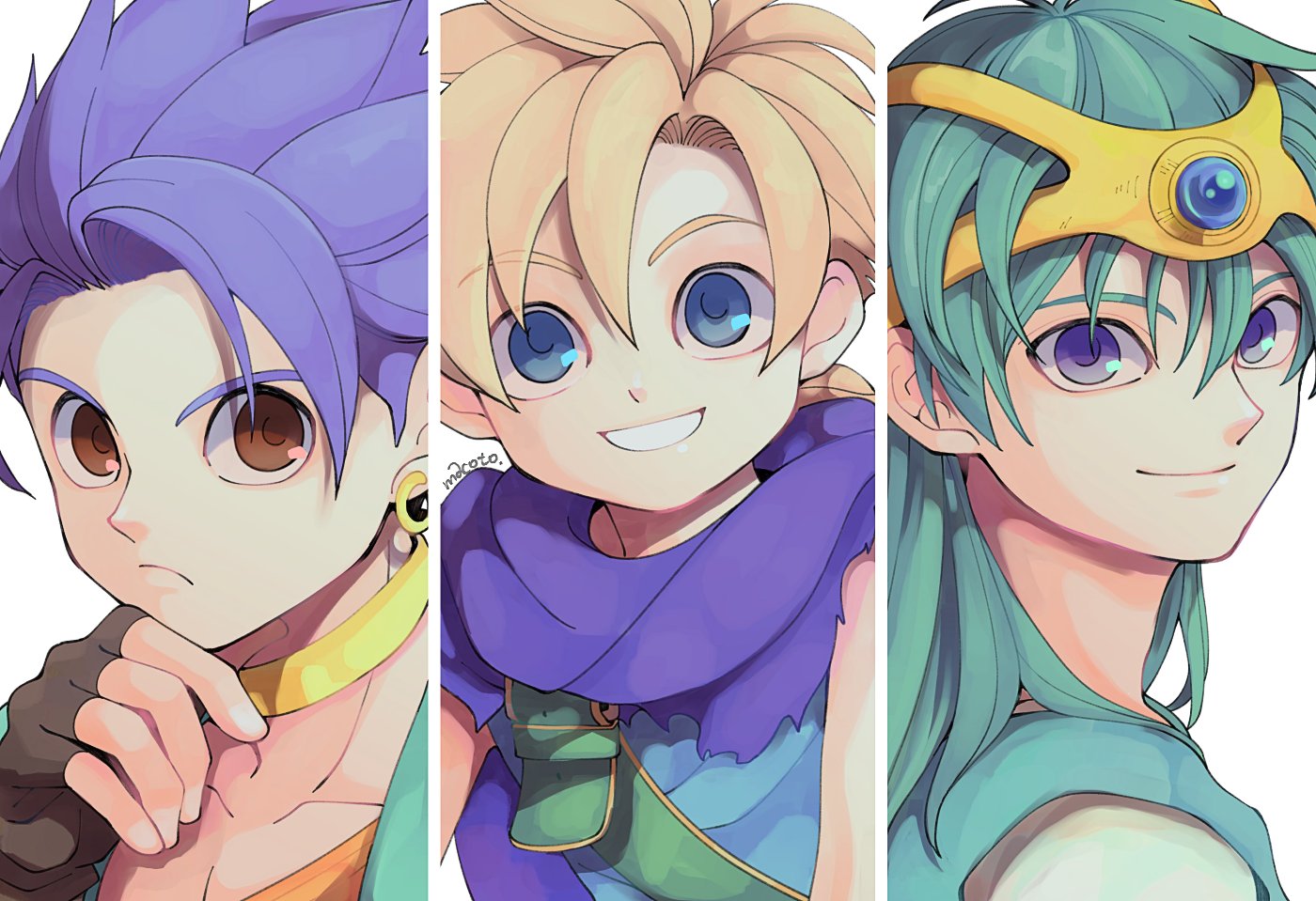 29qmatatavi 3boys blonde_hair blue_eyes blue_gemstone blue_hair blue_tunic brown_eyes cape child cloak collarbone commentary_request dragon_quest dragon_quest_iv dragon_quest_v dragon_quest_vi earrings gem green_hair green_tunic headset hero's_son_(dq5) hero_(dq4) hero_(dq6) jewelry long_hair looking_at_viewer low_ponytail male_focus medium_hair multiple_boys neck_ring parted_lips ponytail purple_cape purple_cloak smile spiked_hair tunic upper_body