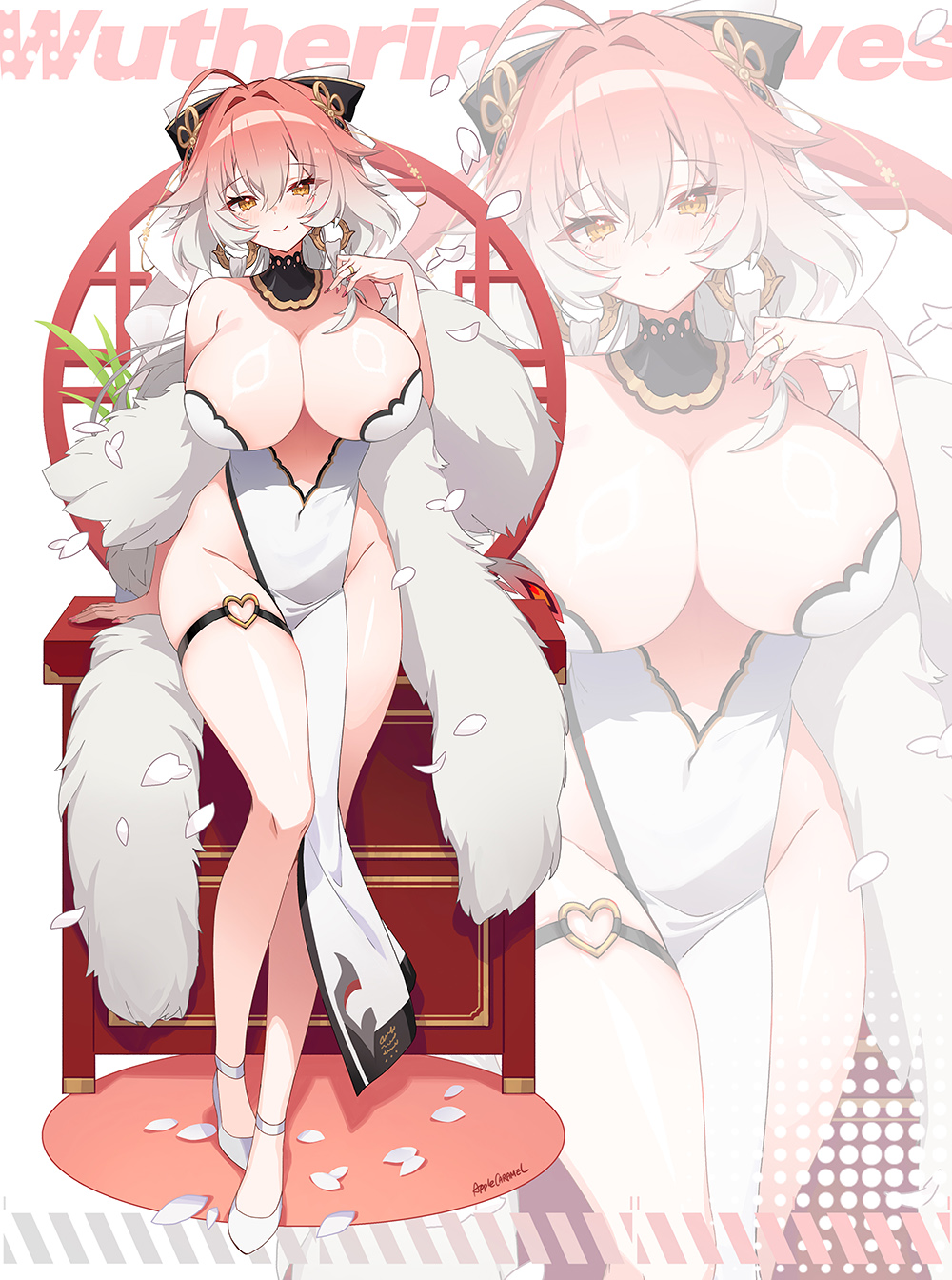 1girl ahoge alternate_breast_size alternate_costume apple_caramel bare_legs bare_shoulders black_bow black_collar bow braid breasts changli_(wuthering_waves) cleavage closed_mouth collar commentary copyright_name dress duplicate feather_boa full_body hair_between_eyes hair_bow hair_extensions hair_intakes hand_up high_heels highres huge_breasts legs long_hair looking_at_viewer no_panties orange_eyes pelvic_curtain pink_hair ring_hair_extensions signature smile strapless strapless_dress thigh_strap twin_braids white_dress white_hair wuthering_waves zoom_layer