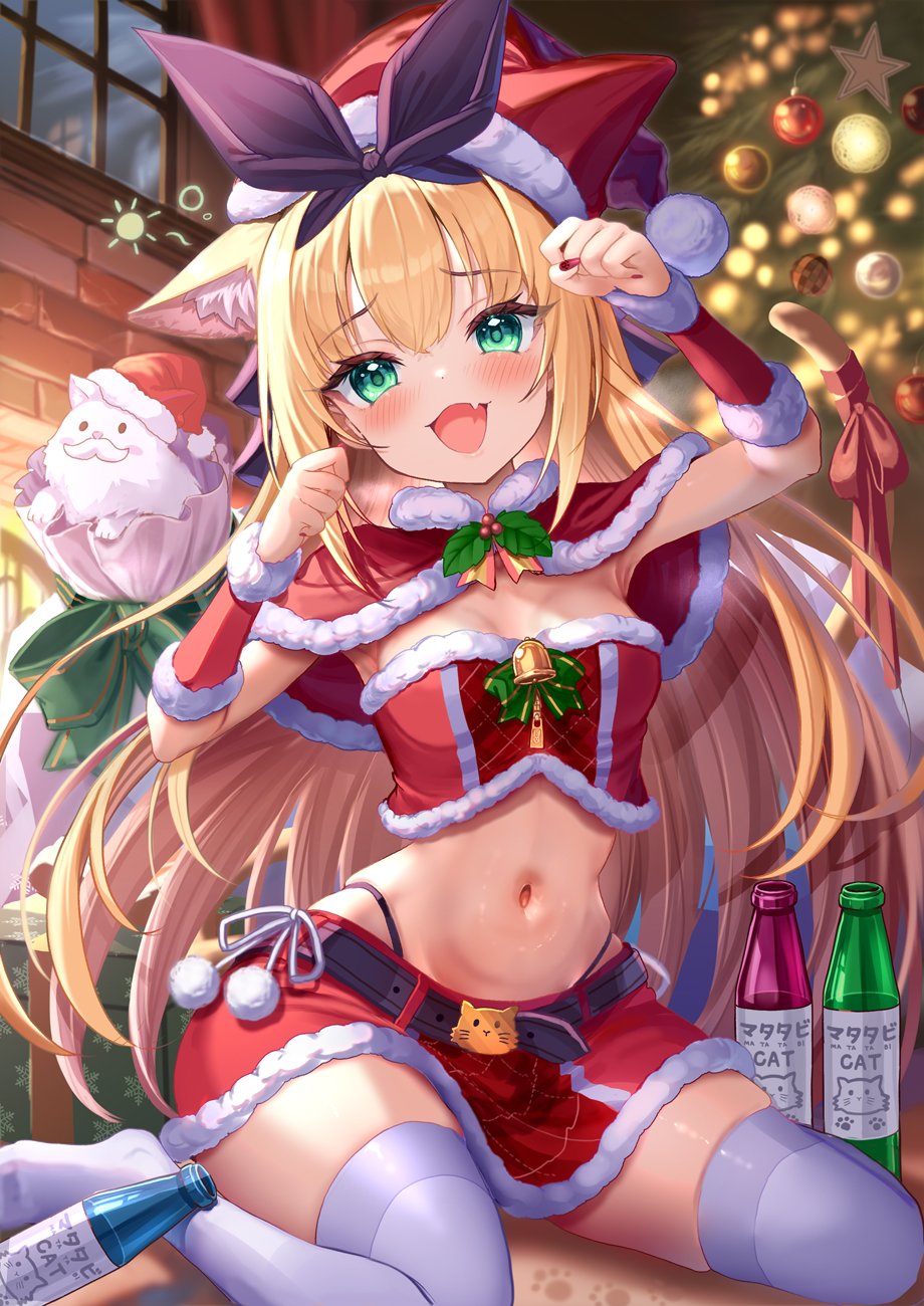 1girl :d akabane_(zebrasmise) animal_ears arm_up armpits belt blonde_hair breasts capelet christmas crop_top drunk fang fur-trimmed_capelet fur_trim green_eyes hair_ribbon hand_up hat highleg highres kemonomimi_mode long_hair looking_at_viewer medium_breasts midriff miniskirt mononobe_alice navel nijisanji open_mouth panty_straps paw_pose red_capelet red_hat red_shirt red_skirt ribbon santa_hat shirt skirt smile solo stomach strapless strapless_shirt thighhighs very_long_hair virtual_youtuber white_thighhighs zettai_ryouiki